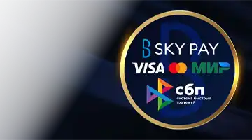 Изображение популярных платежных логотипов, таких как Visa, Mastercard и МИР, а также Sky Pay, подчеркивающее гибкость платежей в Казино Maxbetslots интернет-казино.